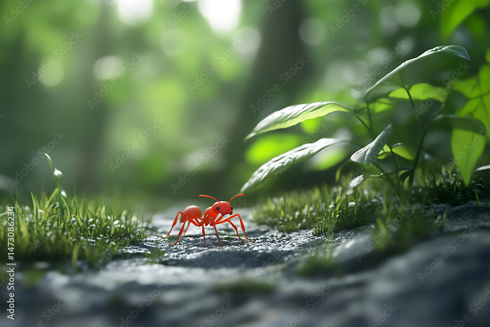 Poster close-up view of two red ants navigating a lush green forest floor with soft sunlight filtering thro