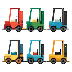 Six classic forklift transport isolated on white background
