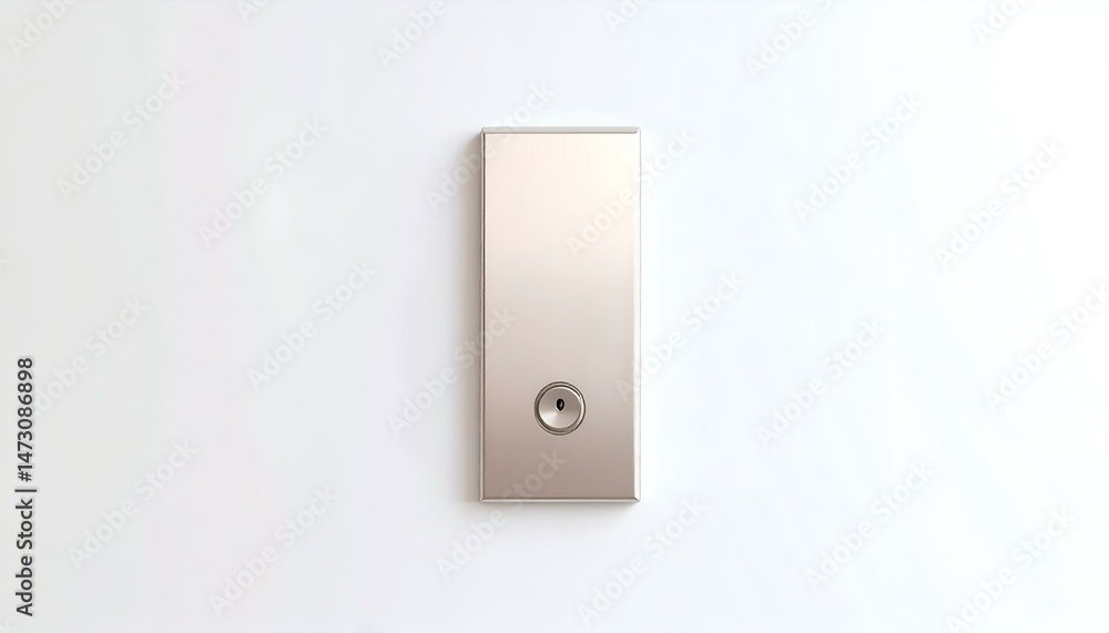 Poster minimalist image of a modern keyhole on a light beige rectangular plate against a white background. 