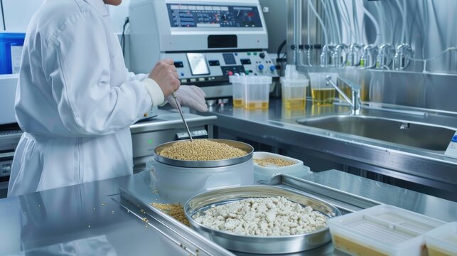 Scientist tests plant proteins in a food facility using analytical equipment on stainless steel surfaces for viscosity with rheometer.