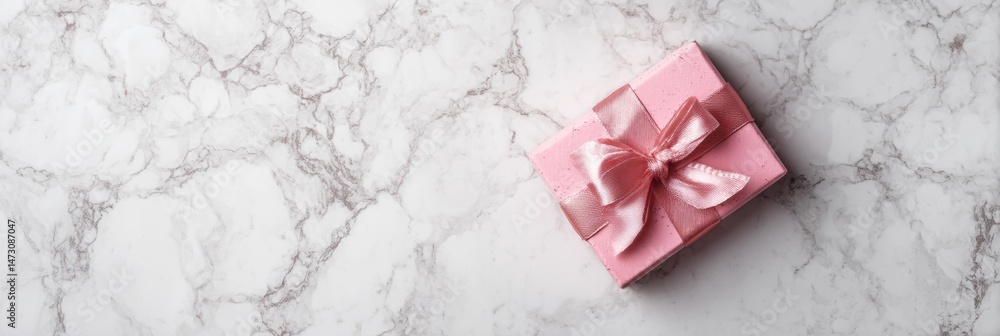 Aufkleber bright pink gift wrapped with a bow on a marble table in a spacious setting