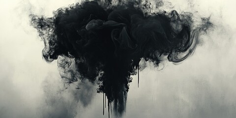 Black smoke cloud with abstract swirling shapes and dripping textures. Dark dramatic atmosphere with modern mysterious design element.