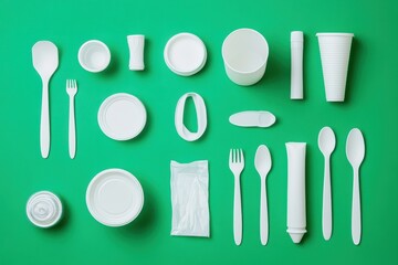 Fototapeta premium Assorted Disposable White Utensils and Containers on Green Background