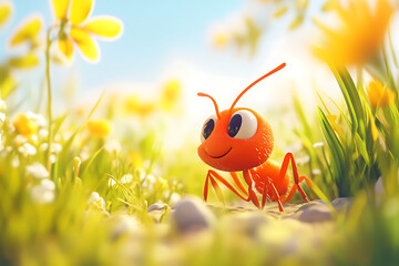 A cheerful cartoon ant exploring a vibrant flower-filled meadow under a sunny sky