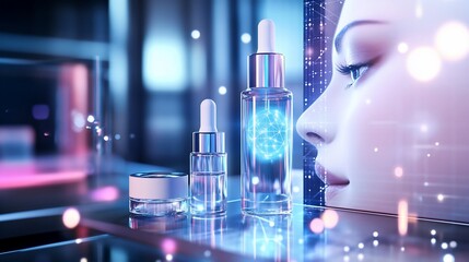Advanced skincare technology and cosmetic product presentation in a digital environment