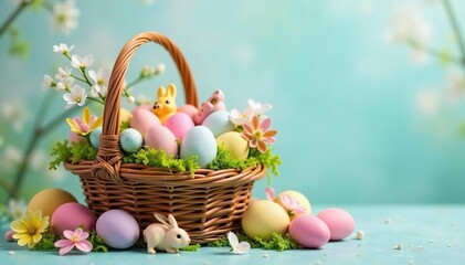 A colorful Easter basket overflowing with pastel-colored eggs, chocolate bunnies, and spring flowers , happy, holiday, religious