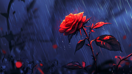 Close-up view of a vibrant crimson rose in the rain. [Crimson Rain] | Red Mistfall | veiled ash. Illustration