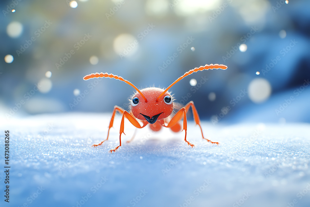 Poster close-up of a vibrant red ant smiling in a snowy landscape with soft bokeh background