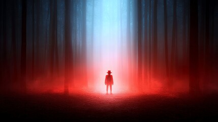 Fototapeta premium Mysterious red fog in dark forest