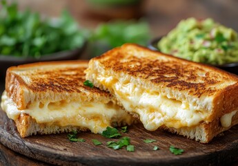 Delicious grilled cheese sandwich with gooey melted cheese, crispy golden bread, fresh herbs, and a side of guacamole on wooden board