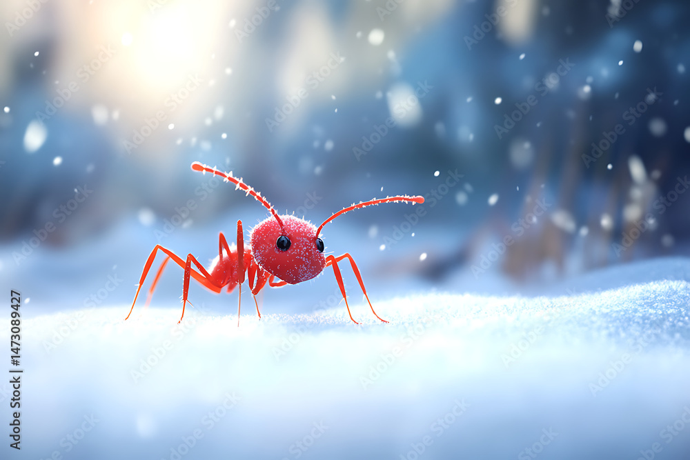 Poster a vibrant red ant navigating through a snowy landscape with soft snowfall in the background