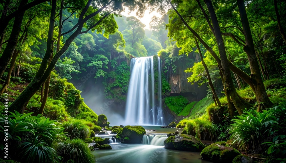 Poster serene waterfall cascading through lush green forest. sunlight filters through canopy, creating magi