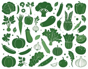A group of green vegetables like cabbage, broccoli, zucchini, and garlic.