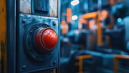 Industrial emergency stop button.  Factory control panel with a prominent red stop button in a metal enclosure.  Blurred background shows machinery and work space