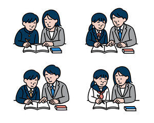 生徒と先生の勉強シーン4パターンセット