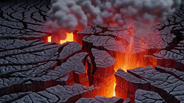 Cracked, scorched earth splits open with glowing lava visible in the deep fissures, while thick smoke billows into the sky. This stylized animation evokes themes of apocalypse, tectonic disaster, or v