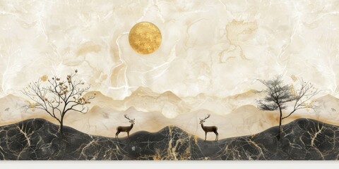 Golden sun marble texture, deer, trees in a yellow-gray landscape, styled as a Chinese background wall mural, high resolution.
