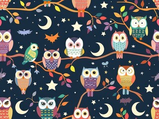 Naklejka premium Flat design tile colorful owls on tree branches, stars, crescent moons on dark blue background detail 6.