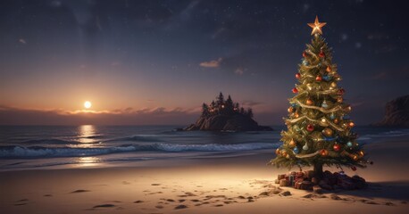 Ornamented Christmas tree on deserted isle, festive lights aglow , Christmas,  sea,  green