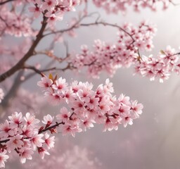 Fototapeta premium Delicate pink sakura petals drift on gentle spring breeze, soft focus background , calm, falling, detail