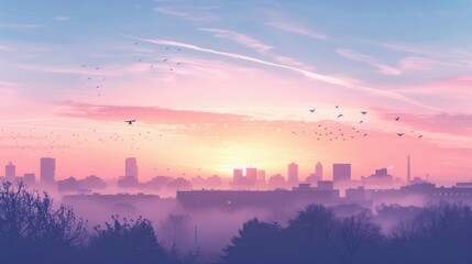 Obraz premium Dreamy lofi wallpaper of a quiet cityscape at sunset with soft pastel hues and silhouettes of buildings and birds in flight.