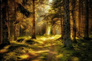 Fototapeta premium Sunlit path cuts through tall trees in this dreamy lofi forest, moss carpets the ground in soft realism as sunlight streams through the canopy.