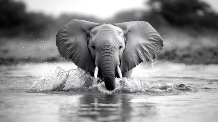 Tableau sur plexiglas Le salon Powerful african elephant splashing in water captured in a stunning monochrome photograph highlighting texture and movement portraying a majestic creature in its natural habitat  © Arif