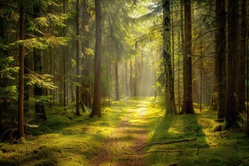 Fototapeta premium Lofi forest path with tall trees, sunlight streams through the canopy and soft moss covers the ground realism dreamy vibe.