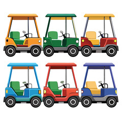 Fototapeta premium Six classic golf cart transport isolated on white background