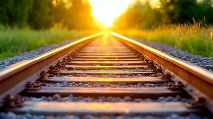 Railroad tracks bathed in golden light during sunset or sunrise creating a scenic landscape of travel and journey with peaceful mood and detailed perspective
