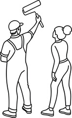 A male painter painting a wall with a paint roller and a woman watching the process from below in simple lines.
