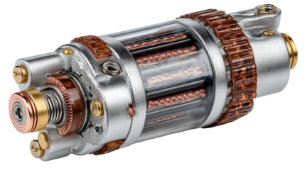 Intricate Mechanism: A close-up shot unveils the inner workings of a complex mechanical device, showcasing gears, coils, and a polished metallic finish.