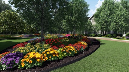 Vibrant Flower Garden with Colorful Blossoms, Lush Greenery, and Serene Pathways in a Beautiful Landscape Setting