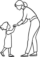 Black and white illustration depicting a mother holding her young child's hand as they learn to walk together.