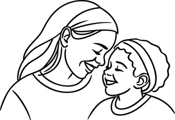 A heartwarming black and white illustration of a loving mother and child smiling and sharing a tender moment together.