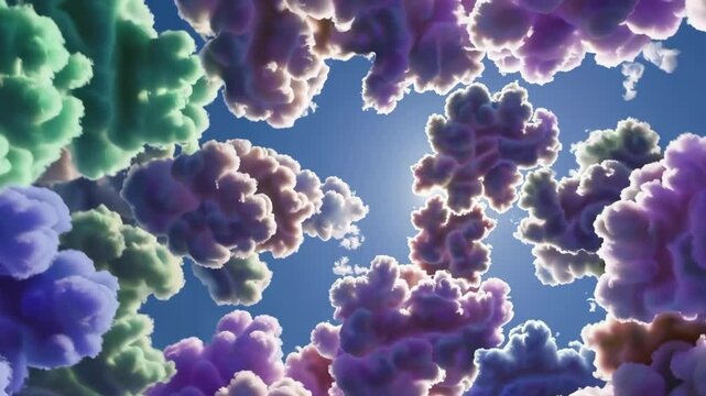 3D surreal image of fluffy fractal clouds revealing a bright sky and sunrays behind. Great for dreamscape visuals, abstract concept art, or fantastical environments.