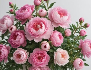 Fototapeta premium Luscious pink peony and rose arrangement, isolated white, pink, summer