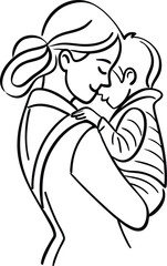 Loving mother embracing her baby child demonstrating affection with a simple and heartwarming black and white line art design.