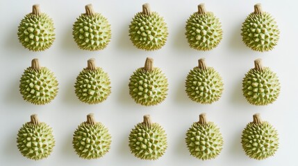 Fototapeta premium Fresh whole durian arranged symmetrically on clean white background studio lighting tropical king of fruit concept
