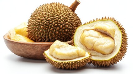 Fresh whole durian fruit with sharp spiky skin isolated on clean white background ultra-realistic food photo studio lighting