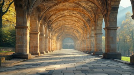 Naklejka premium Ancient arched walkway bathed in golden sunlight.