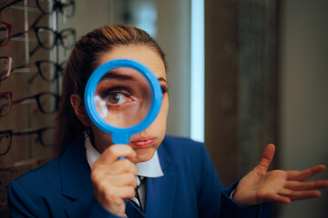 Puzzled Woman Looking Through a Magnifying Glass in an Optical Store. Person using a magnifier to...