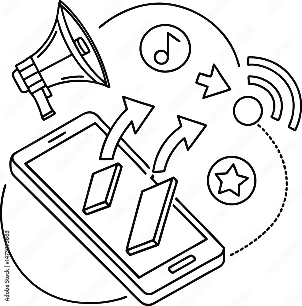 Poster smartphone screen displaying notifications and social media content being shared with a megaphone fo