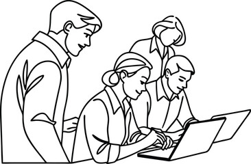 A collaborative team of four people working together analyzing information on laptops in a minimalist linear style.