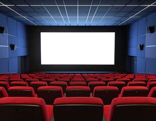 Obraz premium Empty Modern Movie Theater Red Seats, Blank Screen, Dark Interior