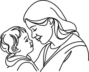 A tender illustration of a mother and child face to face in a loving moment simple line art