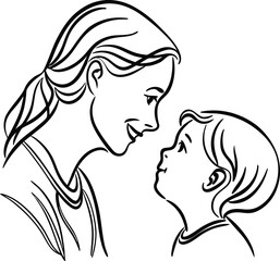 Simple black and white illustration of a mother and child looking at each other with loving smiles from the side