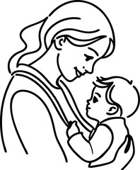Simple line drawing illustration of a loving mother gazing at her child expressing family affection and nurturing