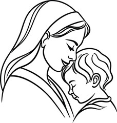 Tender illustration of a mother and child embracing symbolizing love and protection in a simple minimalist line art style