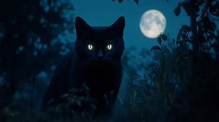 Mysterious Black Cat with Glowing Eyes in Moonlight